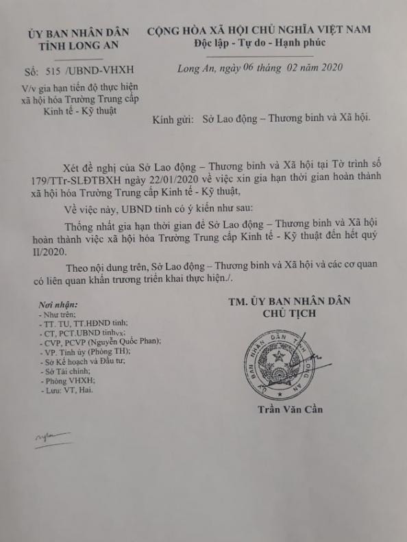 Ngày 6/2, Chủ tịch UBND tỉnh Long An đã ký ban hành văn bản số 515/UBND-VHXH về việc gia hạn tiến độ thực hiện xã hội hóa Trường Trung cấp Kinh tế – Kỹ thuật.