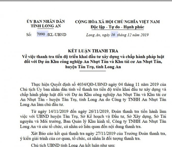 Kết luận thanh tra chỉ ra hàng loạt thiếu sót, hạn chế tại dự án Khu công nghiệp An Nhựt Tân và Khu tái cư An Nhựt Tân