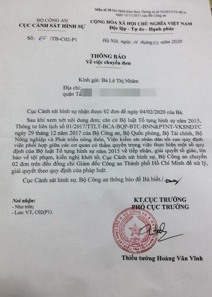 Bộ Công an ra thông báo cho biết đã chuyển 2 đơn của bà Lê Thị Nhâm đến Giám đốc Công an TPHCM để xử lý, giải quyết theo quy định của pháp luật.