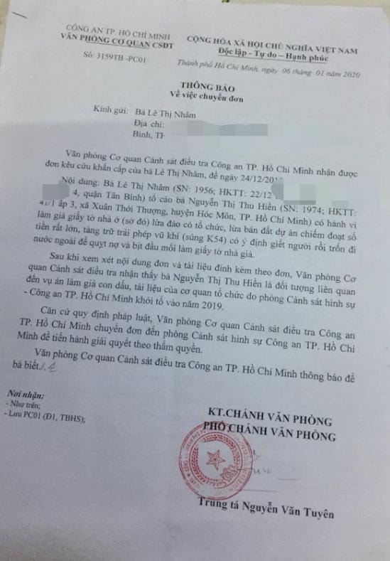 Ngày 6/1 vừa qua, Công an TPHCM ra 2 thông báo cho biết đã chuyển các đơn của bà Lê Thị Nhâm đến Phòng Cảnh sát hình sự để tiến hành giải quyết theo thẩm quyền.