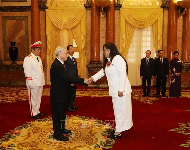 Tổng Bí thư, Chủ tịch nước Nguyễn Phú Trọng tiếp Bà Tatiana Josefina Pugh Moreno, Đại sứ Đặc mệnh toàn quyền Cộng hòa Bolivariana Venezuela tại Việt Nam đến trình Quốc thư. Ảnh: TTXVN.