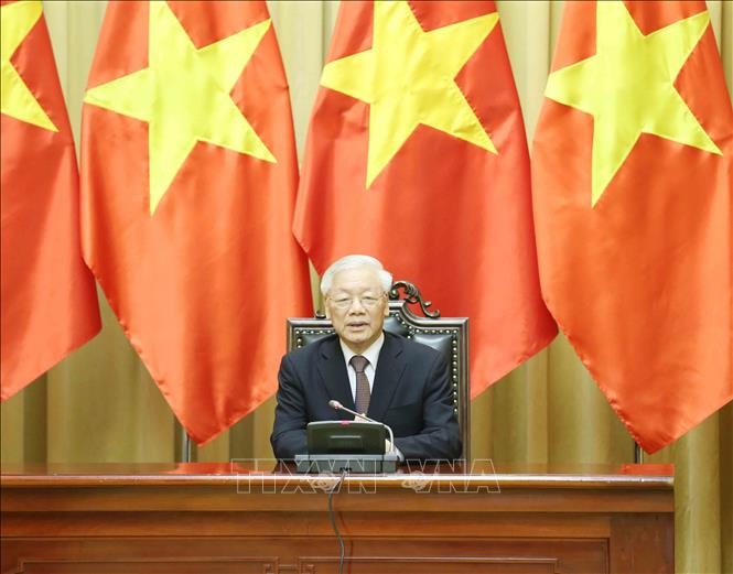 Tổng Bí thư, Chủ tịch nước Nguyễn Phú Trọng phát biểu chúc mừng các Đại sứ nhân dịp nhận nhiệm kỳ công tác tại Việt Nam. Ảnh: TTXVN.