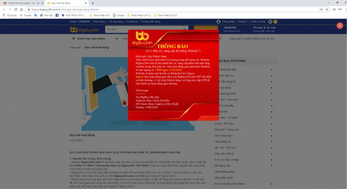 Trước khi dừng hoạt động website theo yêu cầu của cơ quan chức năng, Bigbuy24h ra thông báo có biểu hiện lừa dối khách hàng.