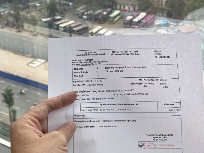Mẫu biên lai sau khi nộp phạt trực tuyến qua Cổng thanh toán VNPT Pay.