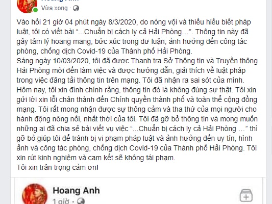 Chủ tài khoản facebook @kunxinh86 – Hoang Anh đăng tải lời xin lỗi và đính chính lại thông tin rằng thông tin trước đó mà mình đăng là không đúng sự thật.