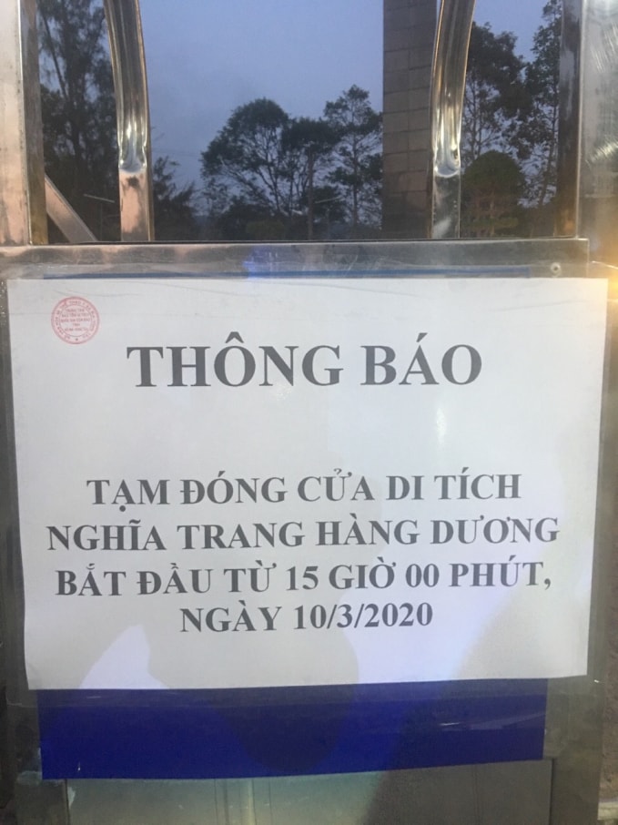 Thông báo tạm đóng cửa khu di tích nghĩa trang Hà Dương bắt đầu từ chiều 10/3.