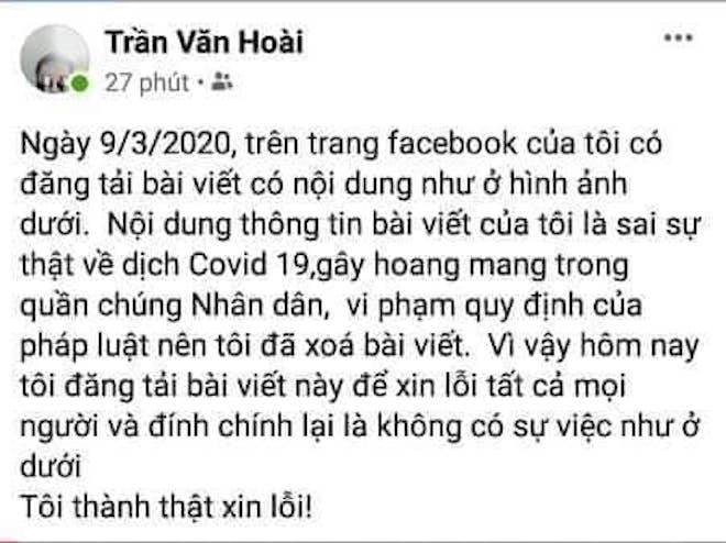 Trần Văn Hoài viết lời xin lỗi trên facebook cá nhân