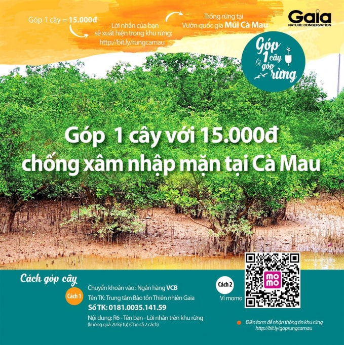 Thông tin kêu gọi “Góp 1 cây với 15.000 đồng chống xâm nhập mặn tại Cà Mau” trên trang web.