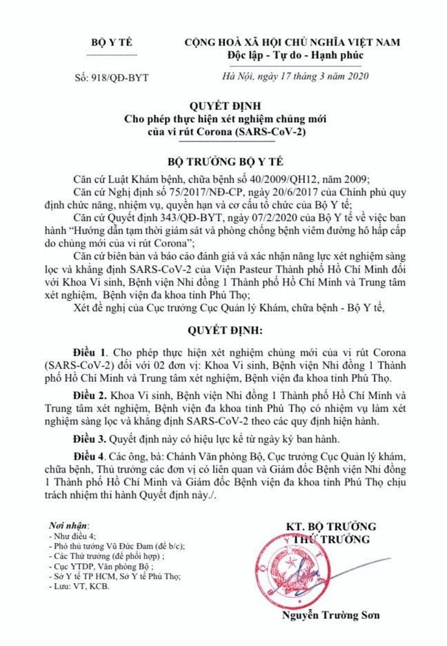 Bộ Y tế vừa ra quyết định cho phép Bệnh viện (BV) Nhi Đồng 1 thực hiện xét nghiệm chẩn đoán COVID-19.