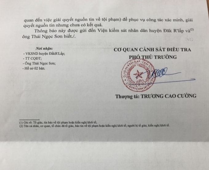 Thông báo tạm đình chỉ việc giải quyết tố giác tội phạm của CSĐT - Công an huyện ĐắkrLấp.