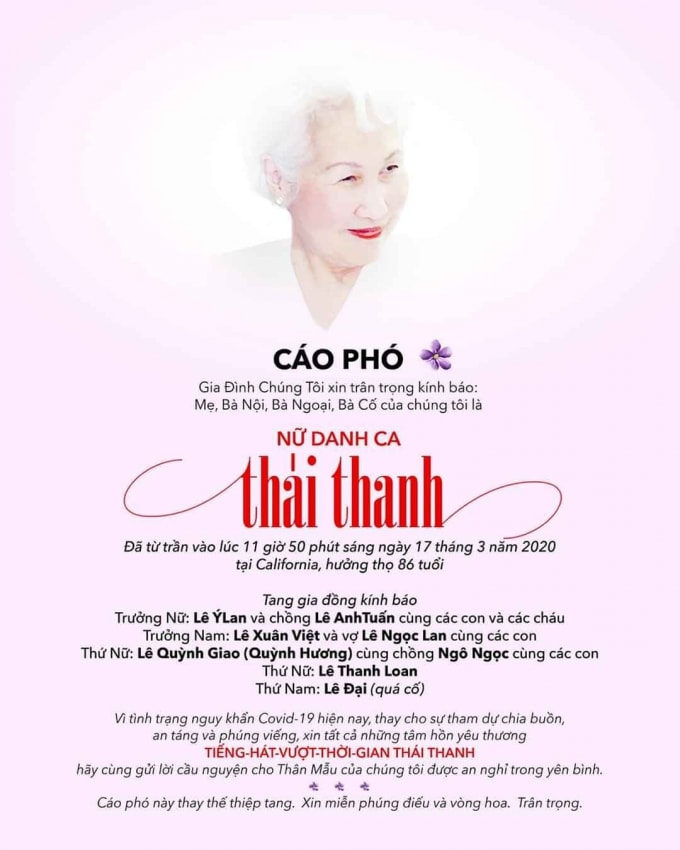 Cáo phó của cố danh ca Thái Thanh.