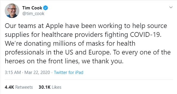 Dòng chia sẻ trên MXH Twitter của CEO Apple nhận được hàng chục nghìn lượt chia sẻ và thích. Ảnh chụp màn hình