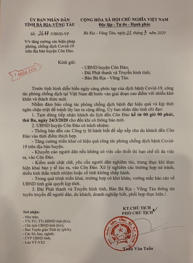 Công văn chỉ đạo của UBND tỉnh Bà Rịa - Vũng Tàu.