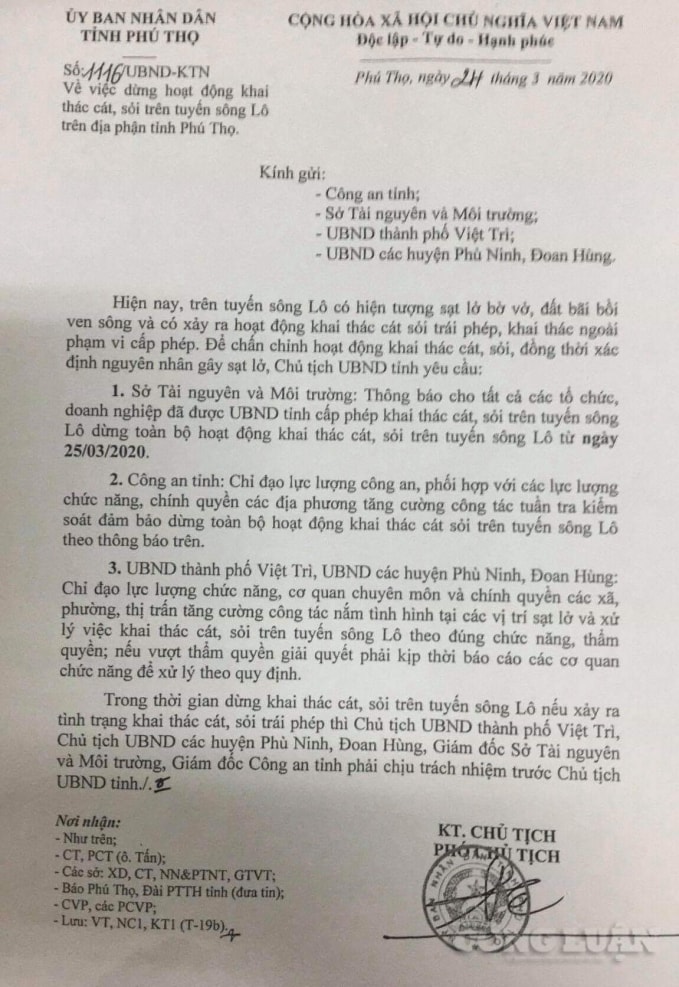 UBND tỉnh Phú Thọ đã có Quyết định số 1116/UBND-KTN về việc tạm dừng hoạt động khai thác cát, sỏi trên tuyến sông Lô địa bàn tỉnh Phú Thọ.
