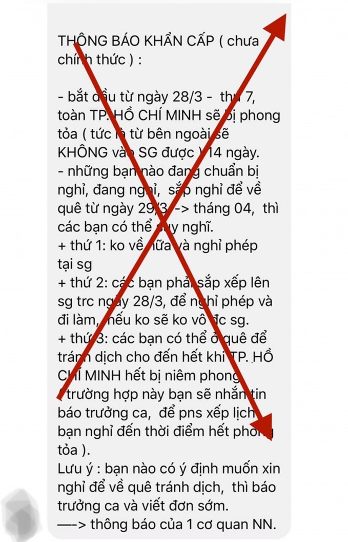 Tin giả lan truyền trên mạng xã hội về TP Hồ Chí Minh phong toả trong 14 ngày để chống dịch Covid-19. Ảnh Trung tâm báo chí TP. Hồ Chí Minh.