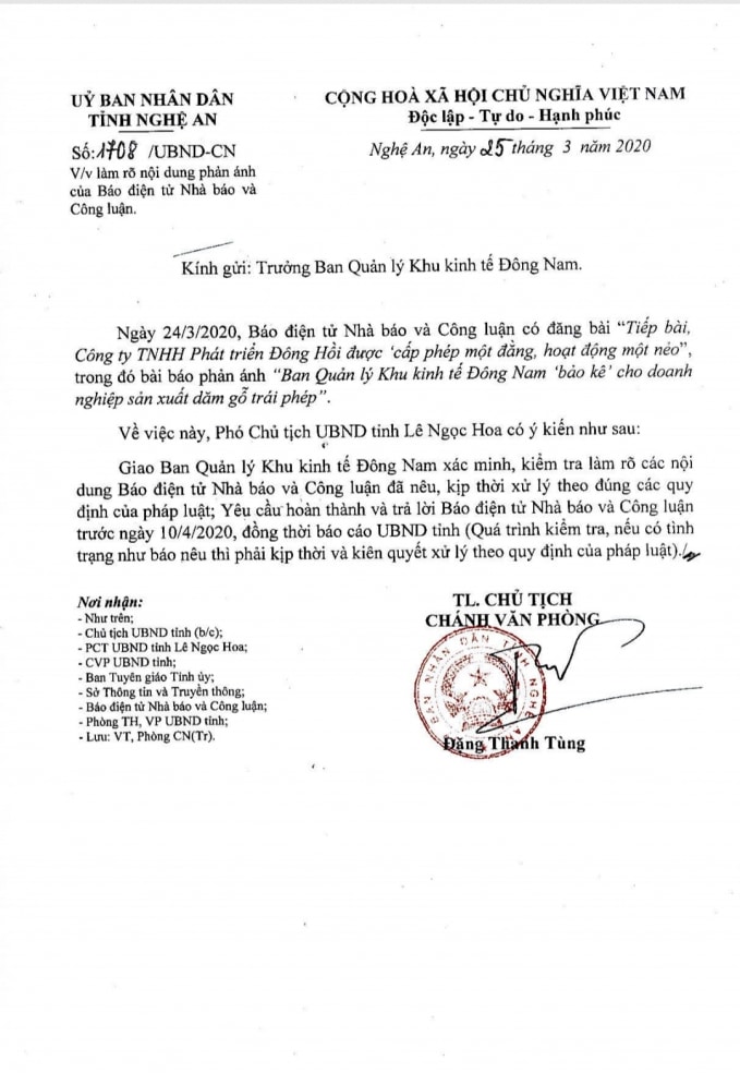 Văn bản của UBND tỉnh Nghệ An chỉ đạo làm rõ nội dung phản ánh của báo điện tử Nhà báo & Công luận phản ánh.