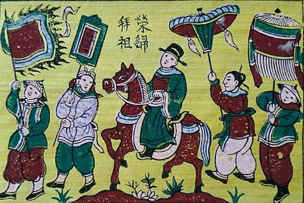 Tranh Đông Hồ “Vinh quy bái tổ”. Ảnh: TL
