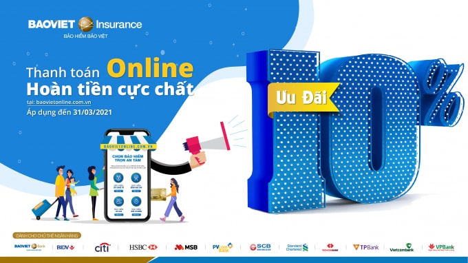 Bảo hiểm Bảo Việt hoàn tiền 10% khi tham gia các chương trình bảo hiểm qua kênh trực tuyến.