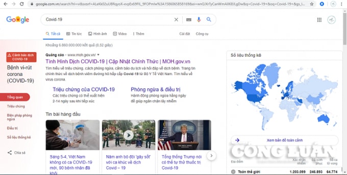 Chỉ tính riêng cụm từ Covid-19 trên nền tảng Google có khoảng 7 tỷ kết quả tìm kiếm trong vòng 0.52 giây. Ảnh chụp màn hình.