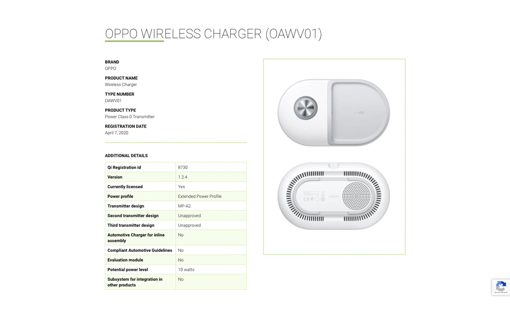 Thông số ký thuật của 40W AirVOOC trên trang WPC.