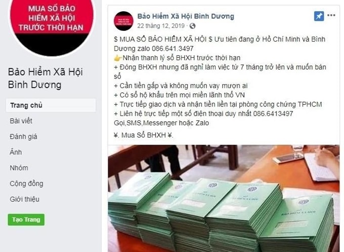 Một số đối tượng đã lập trang Facebook mạo danh cơ quan Bảo hiểm xã hội Bình Dương để rao mua bán sổ bảo hiểm xã hội.