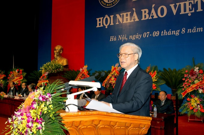 Tổng Bí thư Nguyễn Phú Trọng dự và phát biểu tại Đại hội đại biểu toàn quốc lần thứ X Hội Nhà báo Việt Nam năm 2015 (Ảnh: Sơn Hải)