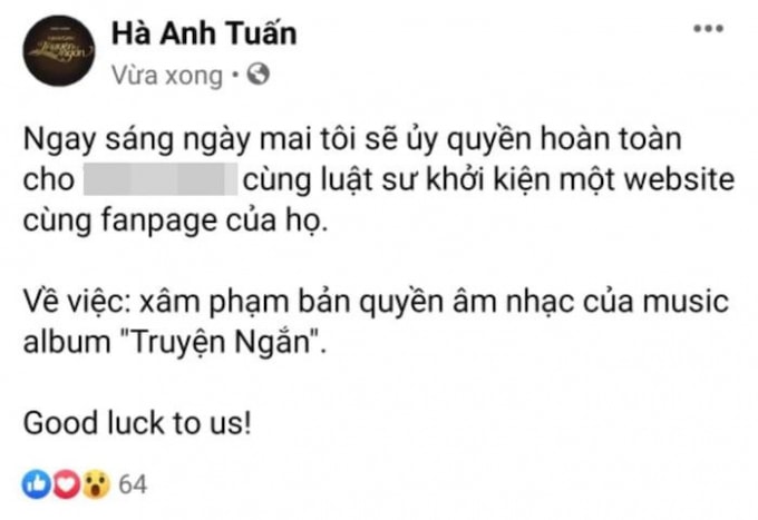 Dòng trạng thái trên trang cá nhân của Hà Anh Tuấn khiến cộng đồng mạng xôn xao.