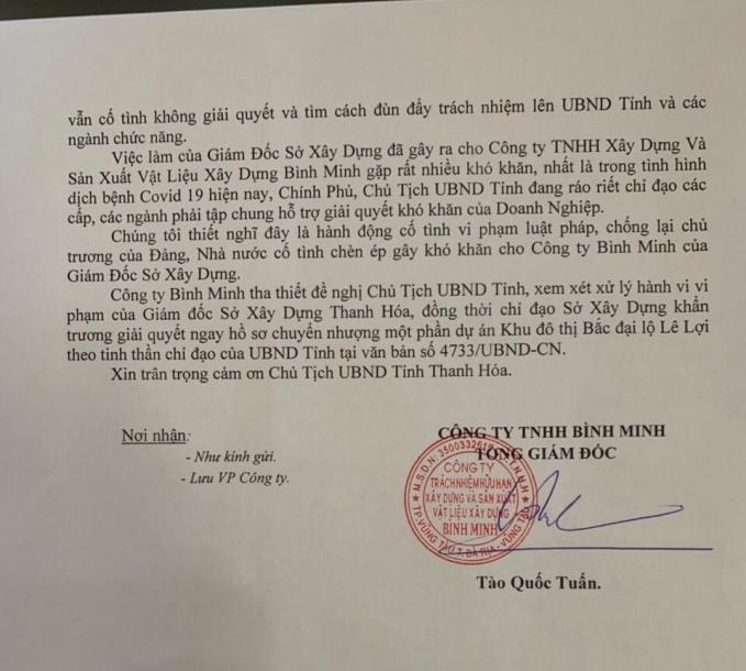 Ngày 27/4, Công ty Bình Minh tiếp tục gửi văn bản