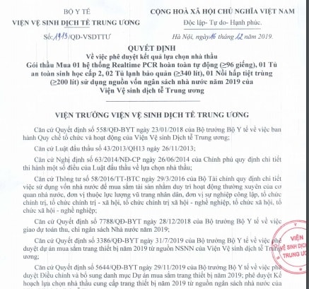 Ông Đặng Đức Anh (Viện trưởng Viện vệ sinh Dịch tễ Trung ương), ký phê duyệt Công ty Tâm Việt  trúng gói thầu mua 01 hệ thống Realtime PCR hoàn toàn tự động (≥96 giếng), 01 tủ an toàn sinh học cấp 2, 02 tủ lạnh bảo quản (≥340 lít), 01 nồi hấp tiệt trùng (≥200 lít).