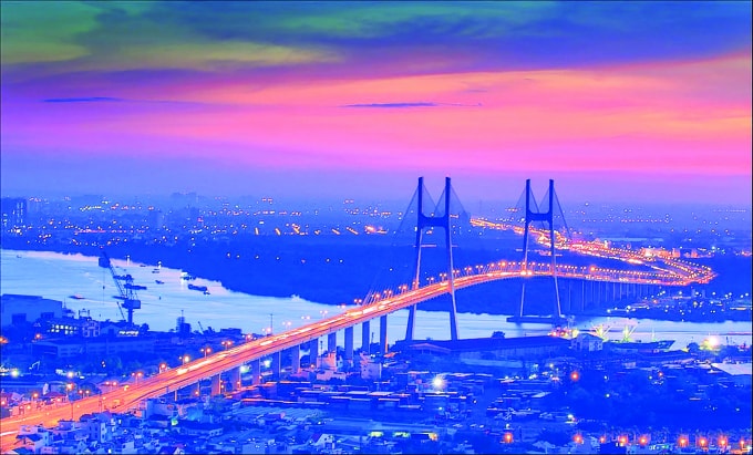 Cầu Phú Mỹ - cầu cây cầu dây văng lớn nhất TP.HCM bắc qua sông Sài Gòn, kết nối quận 7 với quận 2 và quận 9. Ảnh. Tuấn Nguyễn