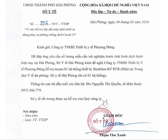 Văn bản mượn hệ thống xét nghiệm Covid-19 của Sở Y tế Hải Phòng ngày 30/3.