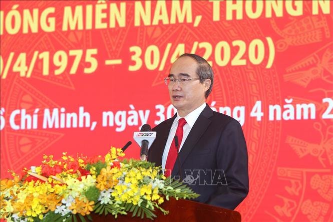 Ủy viên Bộ Chính trị, Bí thư Thành ủy TP Hồ Chí Minh Nguyễn Thiện Nhân phát biểu tại lễ kỷ niệm. Ảnh: TTXVN