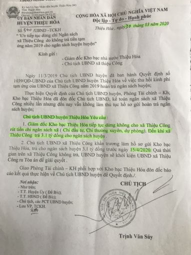 Hiện tại, Chủ tịch UBND huyện Thiệu Hóa Trịnh Văn Súy mới ký công văn