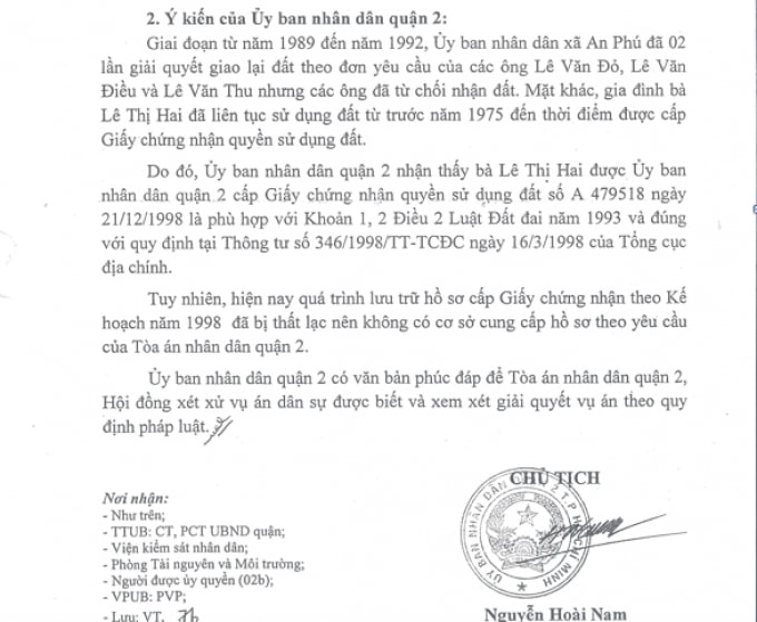 Dù luôn khẳng định việc cấp giấy cho bà Lê Thị Hai là phù hợp, nhưng UBND quận 2 lại không cung cấp được hồ sơ chứng minh với Hội đồng xét xử vì lý do ... thất lạc.