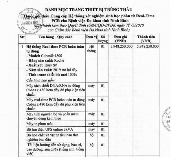 Danh mục trang thiết bị trúng thầu có Hệ thống xét nghiệm Realtime PCR hoàn toàn tự động (nhãn hiệu Cobas4800, hãng sản xuất Roche, xuất xứ Thụy Sỹ).