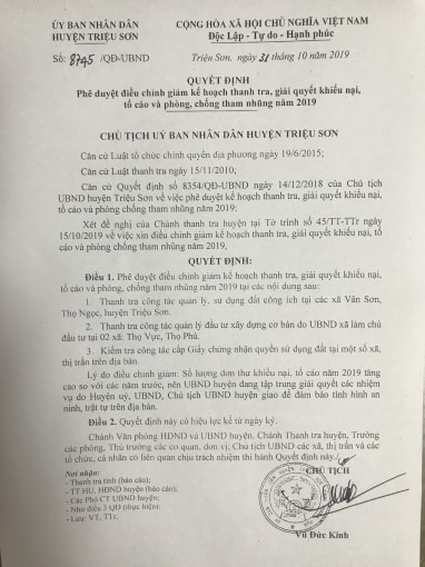 Mặc dù trước đó 19/19 cuộc thanh tra không phát hiện sai phạm kinh tế phải xử lý nhưng cuối năm 2019, Chủ tịch UBND huyện Triệu Sơn Vũ Đức Kính đã ký Quyết định phê duyệt điều chỉnh giảm kế hoạch thanh tra.
