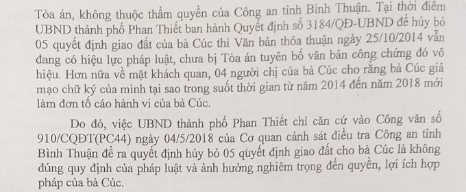Toà án cấp cao tại TP. Hồ Chí Minh đã bác bỏ văn bản của Cơ quan CSĐT Công an tỉnh Bình Thuận.