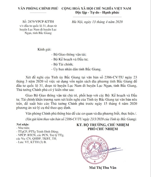 Văn bản chỉ đạo của Thủ tướng Chính phủ yêu cầu nhiều bộ khẩn trương xét xét đề nghị của tỉnh uỷ Bắc Giang về tuyến quốc lộ 31 xuống cấp.