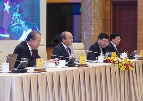Thủ tướng Nguyễn Xuân Phúc, các Phó Thủ tướng: Trương Hòa Bình, Phạm Bình Minh, Trịnh Đình Dũng tại Hội nghị. Ảnh: VGP