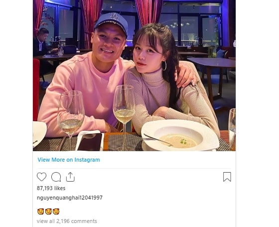 Hình ảnh Quang Hải thân mật với Huỳnh Anh gây chú ý cộng đồng mạng. Ảnh: Instagram nguyenquanghai12041997