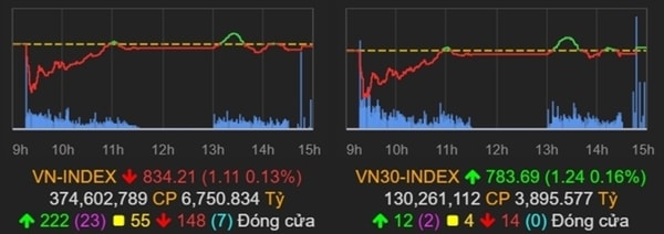 Kết thúc phiên giao dịch ngày 13/5, VN-Index giảm 1,11 điểm xuống 834,21 điểm. Ảnh: VNE