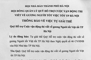 Hà Nội giải thể Quỹ Hỗ trợ Cuộc vận động thi viết về gương Người tốt Việc tốt thông báo tự giải thể.