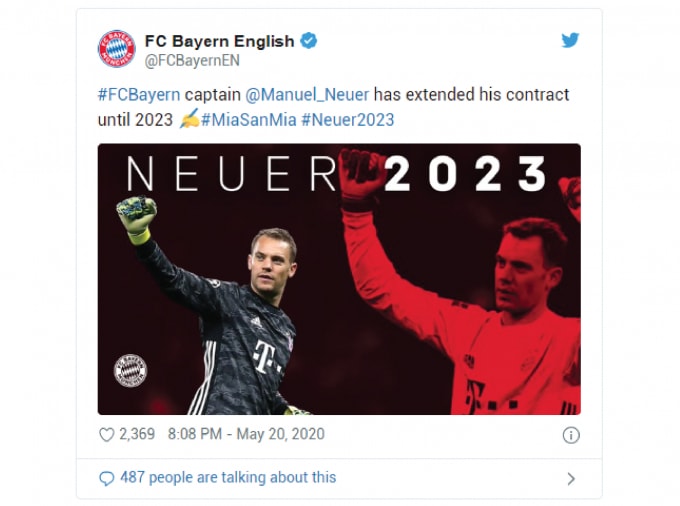 Trang chủ Bayern Munich đã đưa ra thông báo, Manuel Neuer đã chính thức gia hạn với Bayern Munich đến 2023. Ảnh: FC Bayern Munich