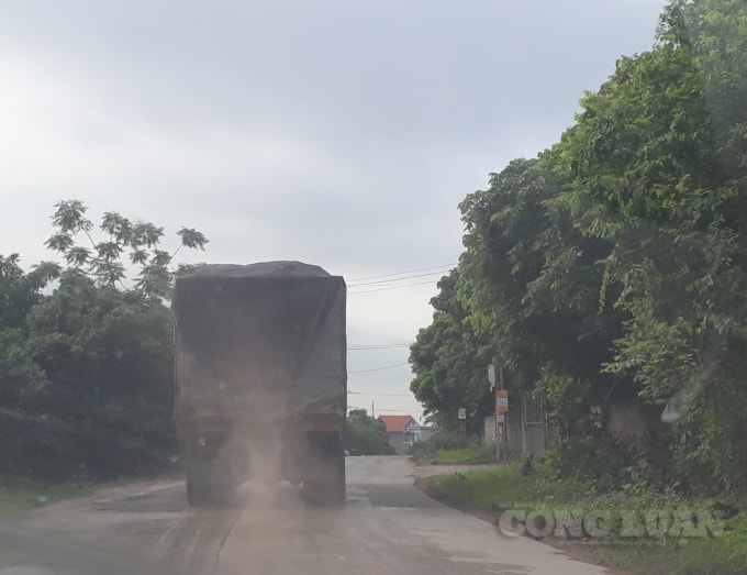 Xe có dấu hiệu quá tải ngang nhiên hoạt động trên địa bàn phường Mạo Khê, mặc nhiên phun “mưa bụi” mịt mù . ẢNh: PV.