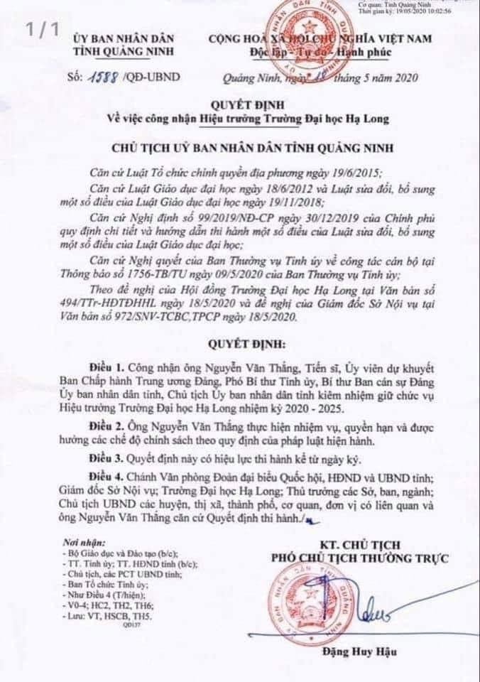 Dù chỉ là chức danh kiêm nhiệm nhưng Chủ tịch UBND tỉnh Quảng Ninh Nguyễn Văn Thắng vẫn là người đại diện pháp luật, chủ tài khoản, con dấu của trường Đại học Hạ Long. Ảnh: TL