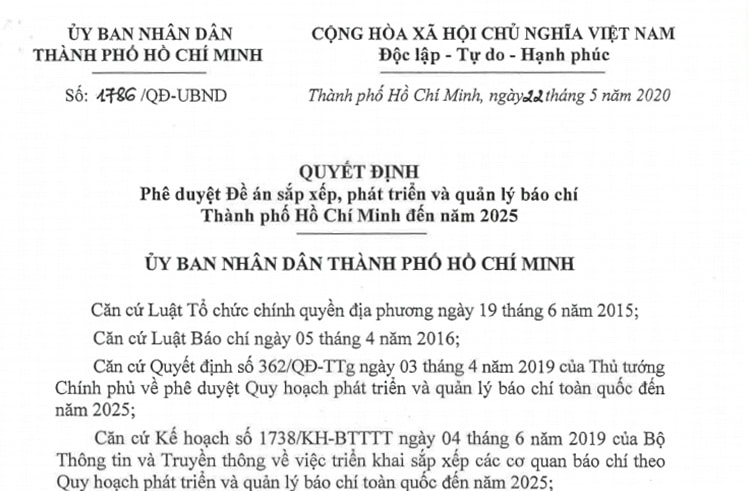 Quyết định của UBND TP.HCM về phê duyệt đề án sắp xếp, phát triển và quản lý báo chí đến năm 2025.