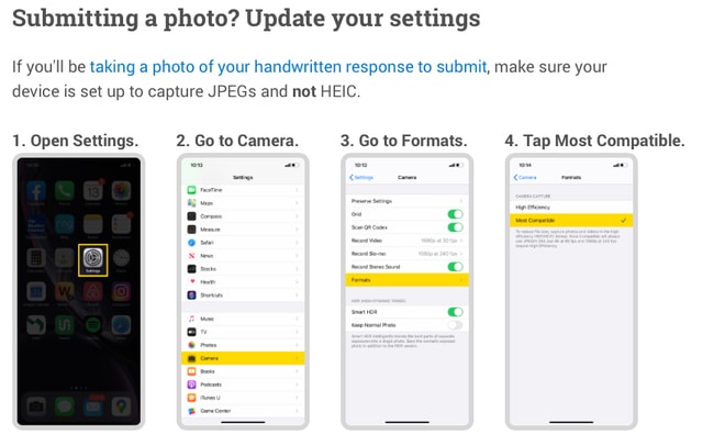 College Board hướng dẫn học sinh cách thiết lập camera iPhone chụp ảnh JPEG thay vì HEIC.