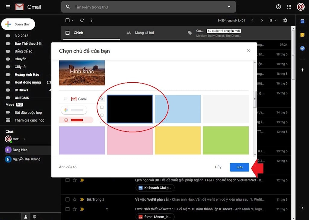 Gmail có khá nhiều kiểu phông nền cho chúng ta lựa chọn, trong đó có phông nền tối. Sau khi lựa chọn hãy bấm 