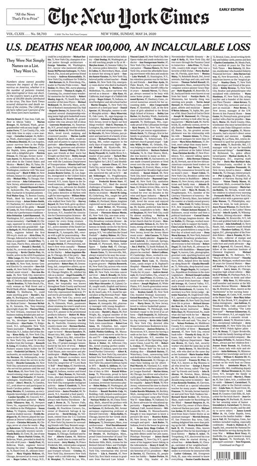 Trang nhất đặc biệt của tờ New York Times số ra ngày Chủ nhật, đăng tên 1000 nạn nhân Covid-19 được lựa chọn - Ảnh: New York Times