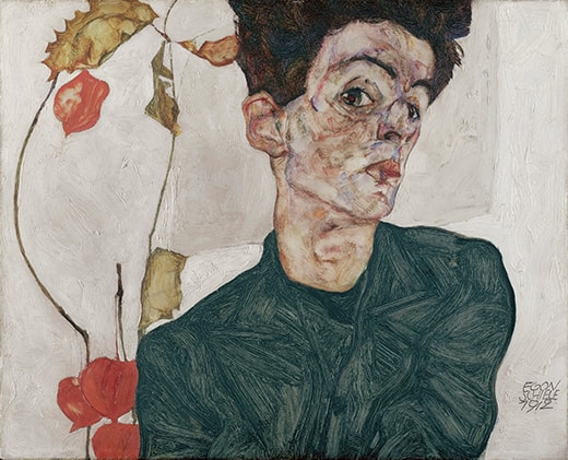 Tác phẩm Tự họa với cây hoa lồng đèn Trung Quốc của Egon Schiele.